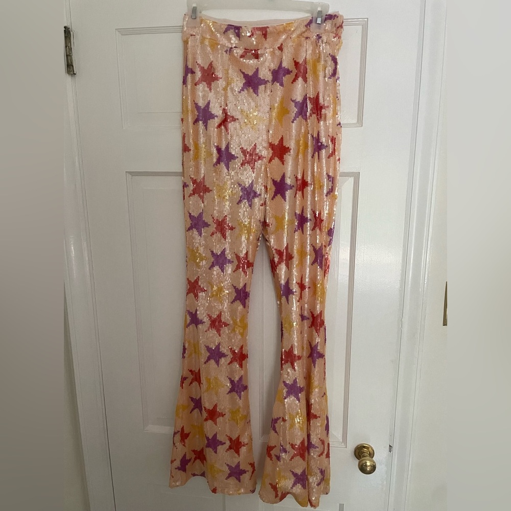 Sequin star detail fit and flare pants